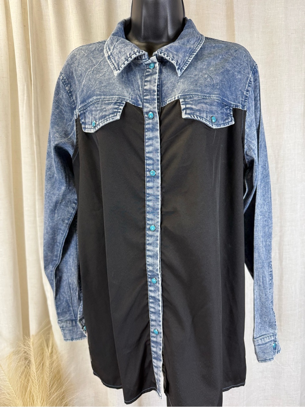Black and Denim Button-Down Shirt Jacket - Two-Tone Long Sleeve